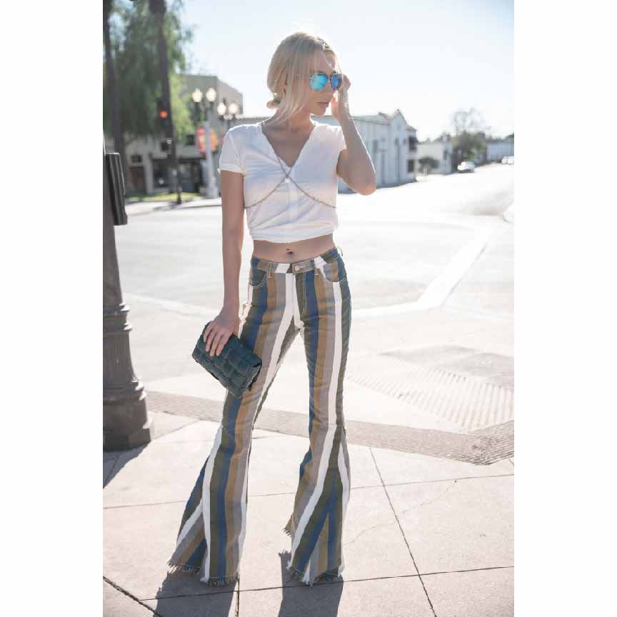 Striped High Rise Flare Jeans