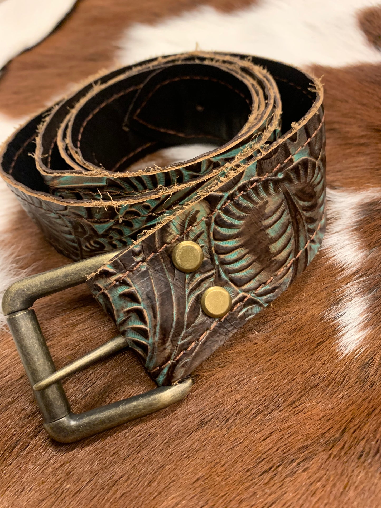 Turquoise Brown Floral Genuine Leather Belt